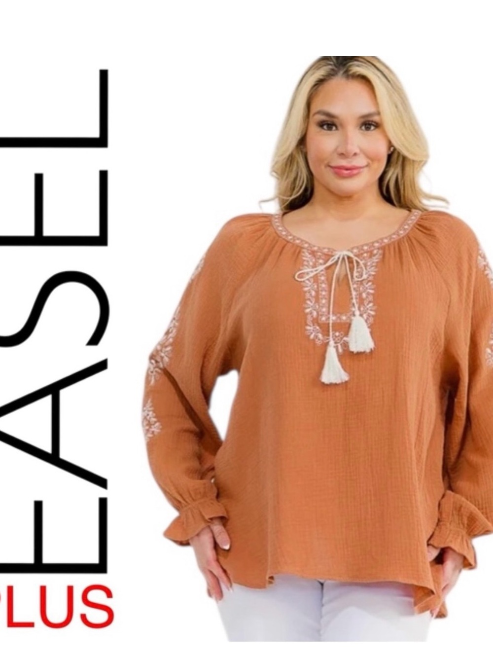 PLUS Rust Embroidered Peasant Blouse with Tassel Tie